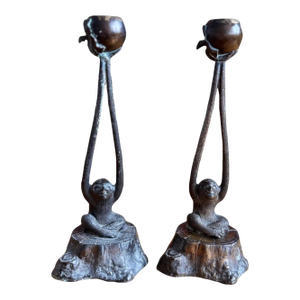 Vintage Patinated Bronze Monkey Cast Candlesticks, Circa 1950-1970