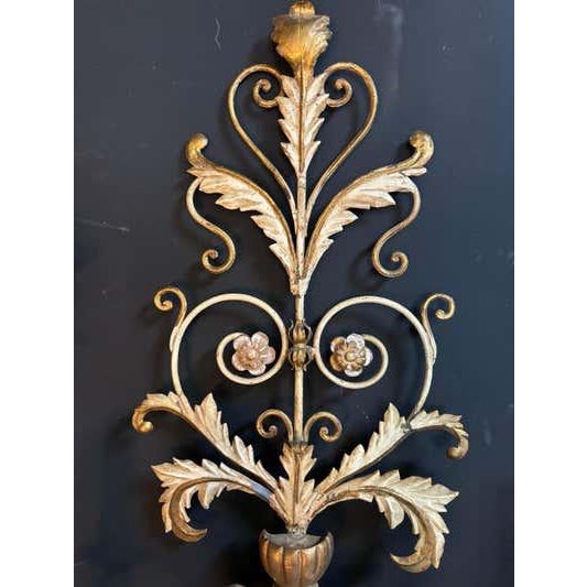 Rococo 1955 Rococo Revival Gilt Metal and Wood Wall Sconces For Sale - Image 3 of 7
