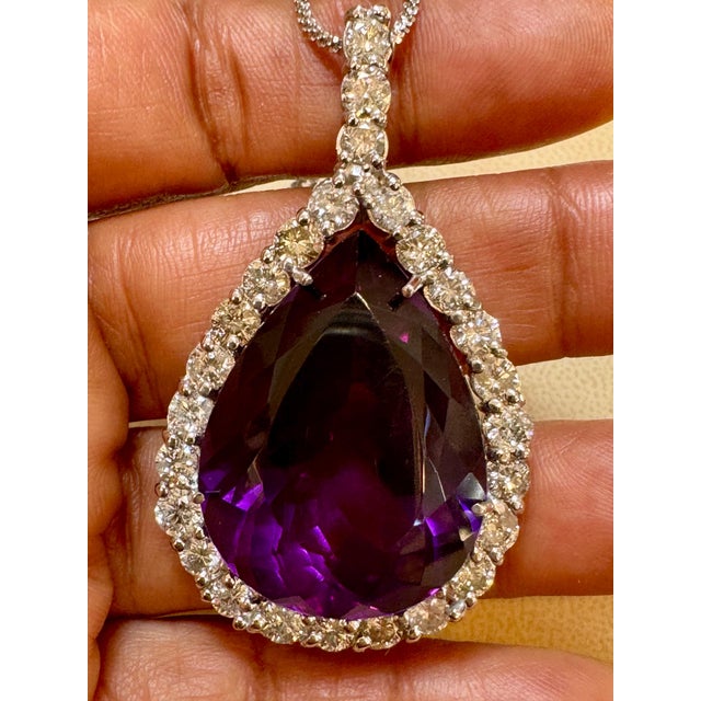 Early 21st Century 65 Carat Amethyst & 8.5 ct Diamond Pendant Necklace 14 Karat White Gold + Chain For Sale - Image 5 of 18