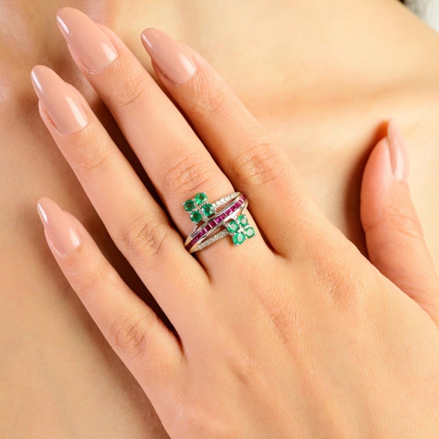 925 Silver Emerald, Ruby & Diamond Double Flower Bypass Ring With Centre Band - Size 8.5 For Sale - Image 4 of 11