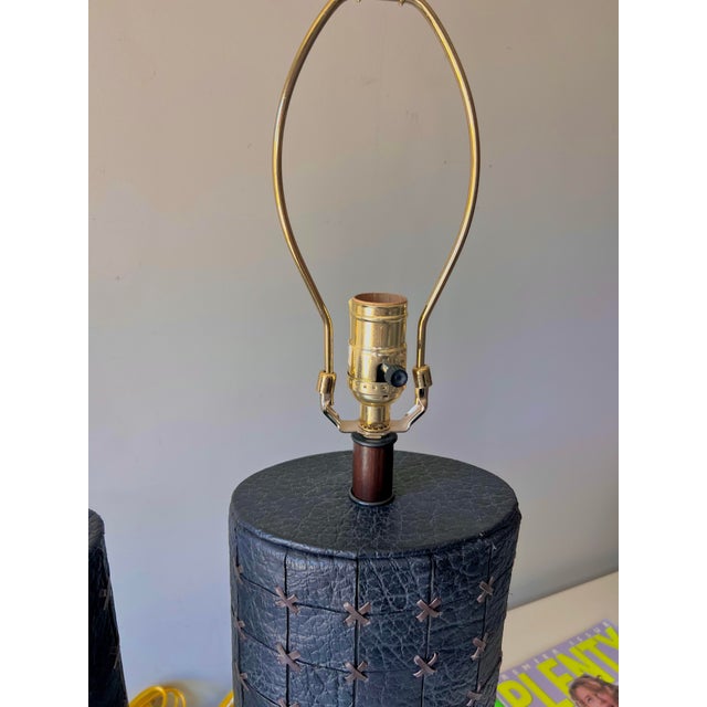 Metal Vintage Black Leather Patchwork Cross Stitch Table Lamps; A Pair For Sale - Image 7 of 9