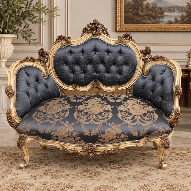 Make a dramatic statement with this exquisite French Louis XV-style settee, featuring an ornate carved frame finished in...