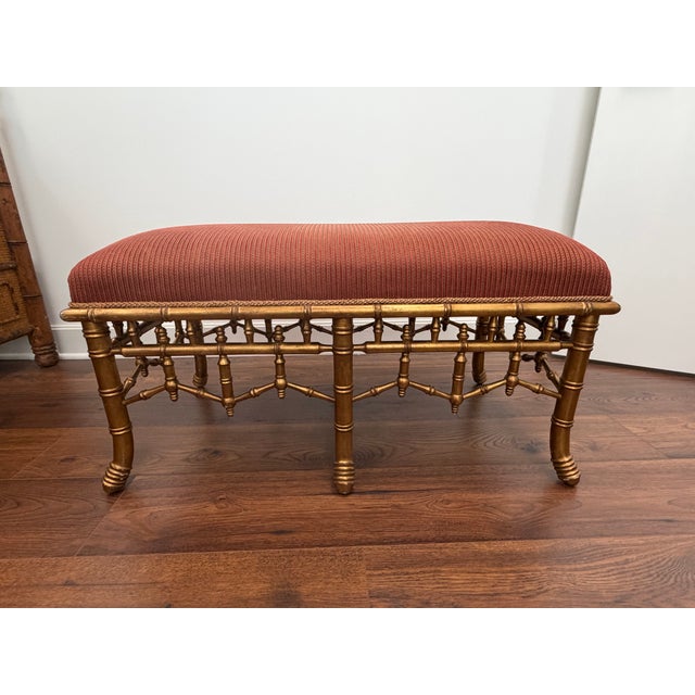 Chippendale Gilt Finished Faux Bamboo Chinese Chippendale Upholstered Styled Bench For Sale - Image 3 of 6