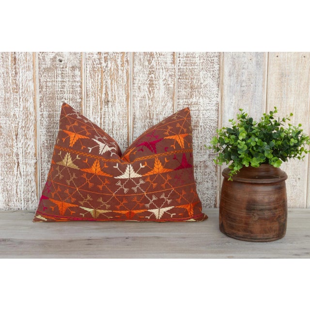 Brown Palak Antique Indian Folk Lumbar Pillow For Sale - Image 8 of 9