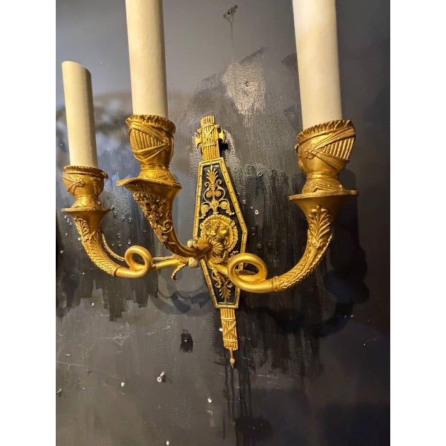 Traditional 1920 French Empire Style Bronze Sconces With Lion Heads - a Pair For Sale - Image 3 of 12