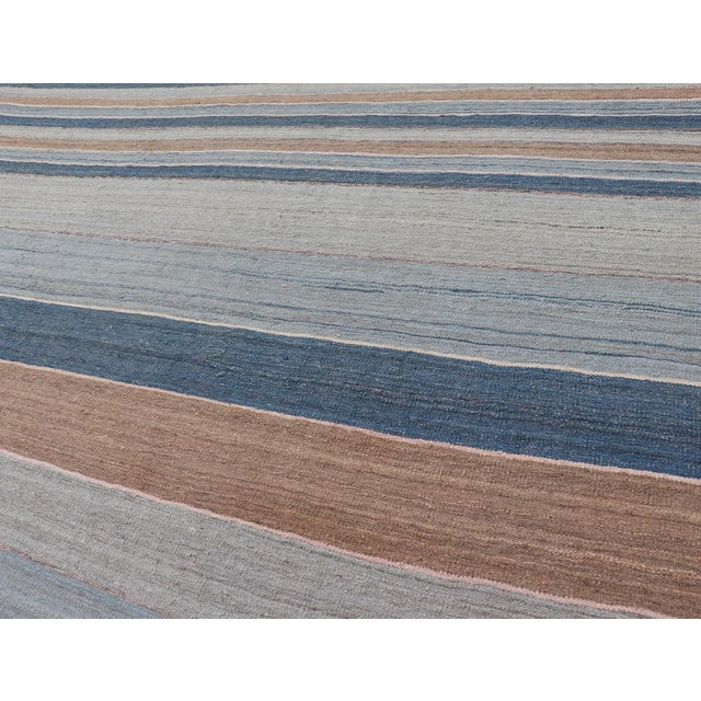 Striped Kilim Blue and Brown Hand Woven Wool by Keivan Woven Arts 9'3 X 12'0 For Sale - Image 4 of 13