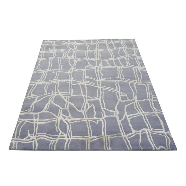 Early 21st Century Nepalese Modern Abstract Wool & Silk 4x6 Slate Blue & Ivory Handmade Area Rug #9902908 For Sale - Image 5 of 11