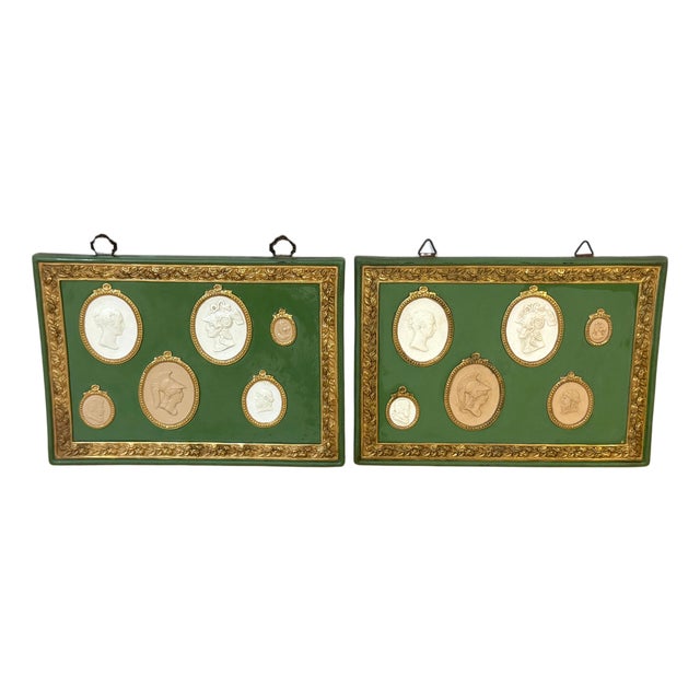 Pair of Italian Grand Tour–Style Green & Gilt Jasperware Intaglio Wall Plaques For Sale