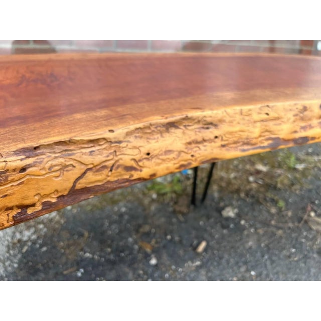 Late 20th Century Rustic Style Live Edge Slab Wood Top Coffee Table/ Bench With Iron Hairpin Legs For Sale - Image 12 of 18