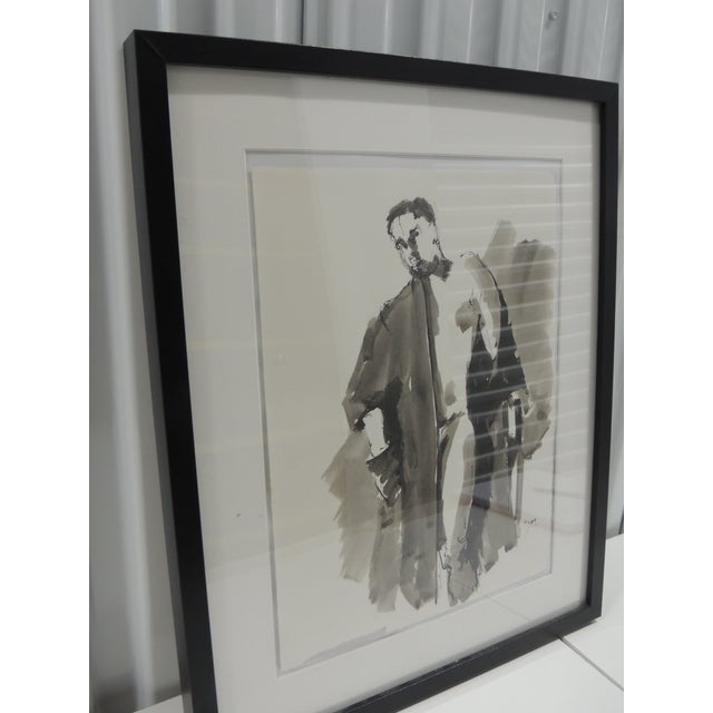 Contemporary Vintage Black & White Water Color and Pencil Drawing of a Male For Sale - Image 3 of 4