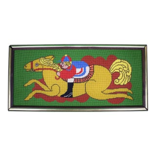 Hand-Needlepoint C1970s Jockey/ Racehorse Tray For Sale
