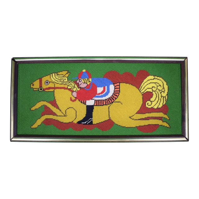 Hand-Needlepoint C1970s Jockey/ Racehorse Tray For Sale