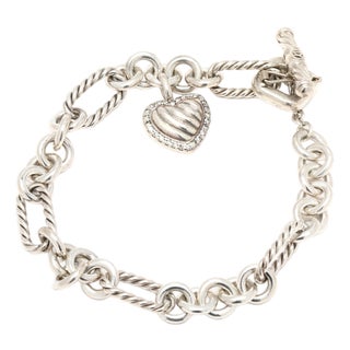 David Yurman Diamond Classic Cable Heart Charm Bracelet, Sterling Silver For Sale