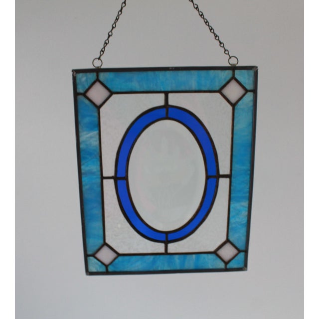 Sky Blue Vintage Stained Glass Window Hanging W/ Wheat Motif For Sale - Image 8 of 10