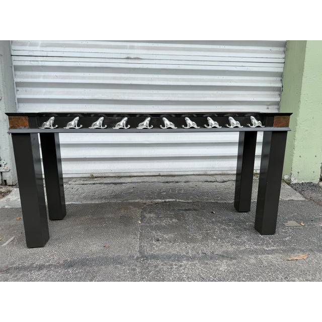 1970's Black Lacquer Console W Silver Leafed Frogs and Copper Corners sold as found in good condition showing normal signs...
