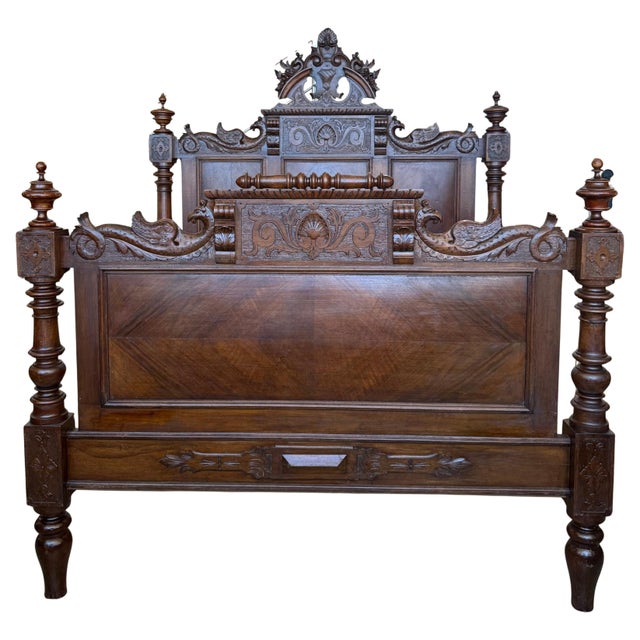 Early 20th Century French Louis XVI Style Walnut Carved Bed Frame, Baroque, Full/ Queen Size For Sale - Image 15 of 18