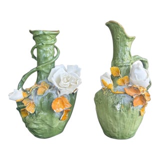 Art Nouveau Jugendstil Porcelain Ewer Vase Pair, Green Glaze With Applied Flowers, C. 1900 For Sale