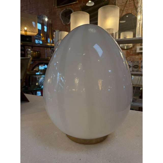 Glass Vintage Mazzega Murano Glass Ovoid Table Lamp – White Striped Art Glass For Sale - Image 7 of 9
