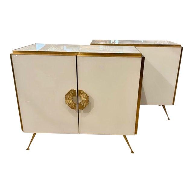 Pair of Modern White Murano Glass and Brass Bedside Tables For Sale