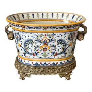Vintage Porcelain Crackle Glaze Floral Jardinière Brass Ormolu-Style Footed Cachepot Planter Vase For Sale