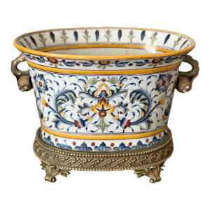 Vintage Porcelain Crackle Glaze Floral Jardinière Brass Ormolu-Style Footed Cachepot Planter Vase