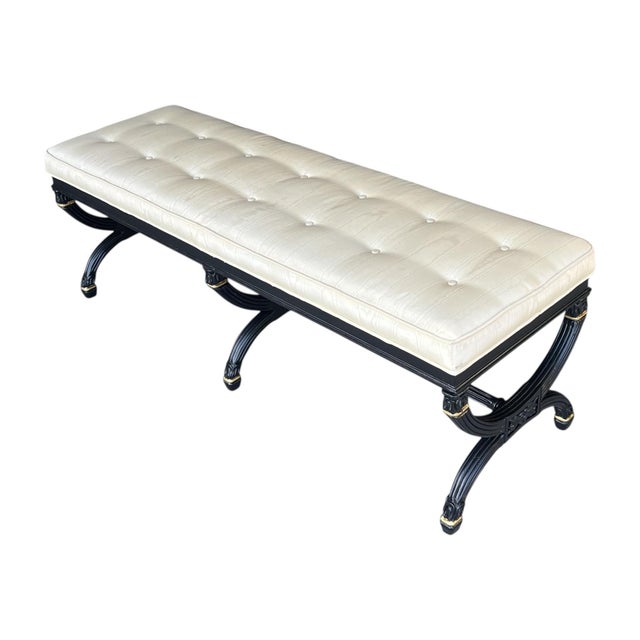 1970s Elegant Ebonized X-Base Bench With Tufted Oyster Upholstery & Gold Accents For Sale - Image 4 of 17