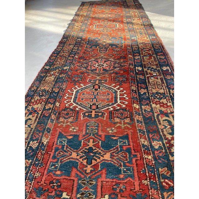 Antique Northwest Persian Heriz Runner Rust, Camel, French Blue Rug 3.4 x 10.6 For Sale - Image 4 of 12