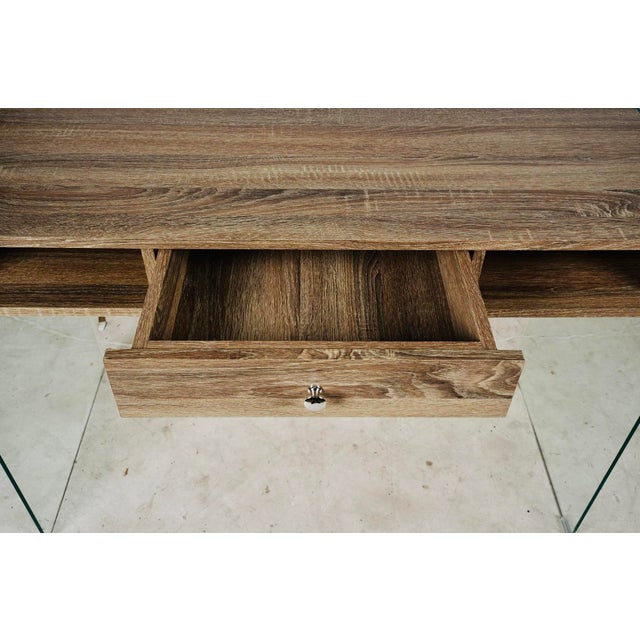 Contemporary Modern Glass Waterfall Writing Desk / Minimalist Faux Bois Console With Drawer For Sale - Image 3 of 8
