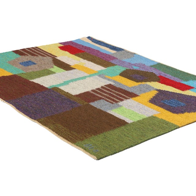 78826 Signed Vintage Swedish Pictorial Rollakan Rug, 03'10 x 03'01. This vintage Swedish rollakan rug is a beautiful...