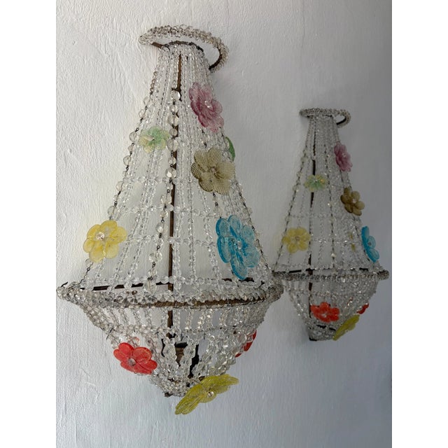 Huge Beaded Colorful Murano Flowers Sconces, Circa 1940 Italian One of a Kind - a Pair For Sale - Image 13 of 14