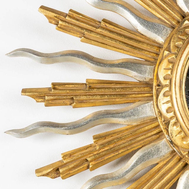 Gold and Silver Mid-Century Giltwood Vintage Sunburst Mirror For Sale - Image 9 of 9