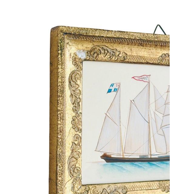 Italian Original Hand-Painted Sailboat Painting in a Vintage Italian Frame For Sale - Image 3 of 3
