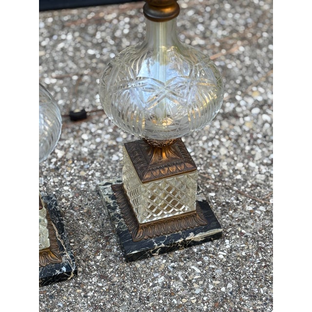 Brass Vintage Hollywood Regency Tall Glass and Brass Finish Table Lamps on Marble Bases, a Pair For Sale - Image 8 of 9