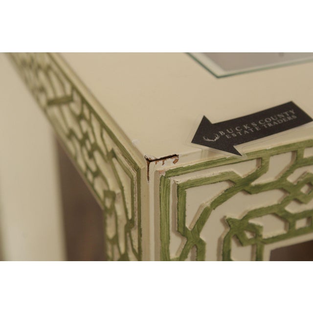 White Hollywood Regency Pair Of Lacquered Greek Key Glass Top End Tables For Sale - Image 8 of 18