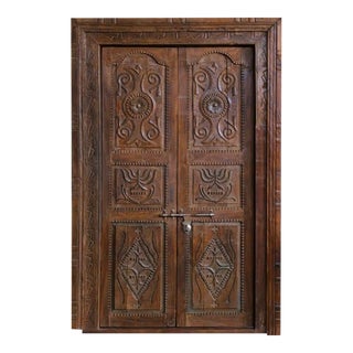 Antique 19th Century Rustic Indian Haveli Teak Doors With Frame, 82x53 For Sale