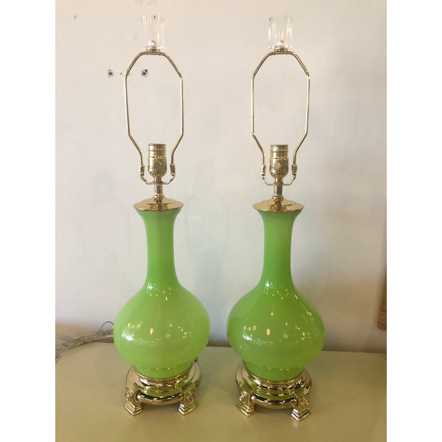Vintage Paul Hanson Green Opaline Glass Brass Base Table Lamps A Pair Chairish