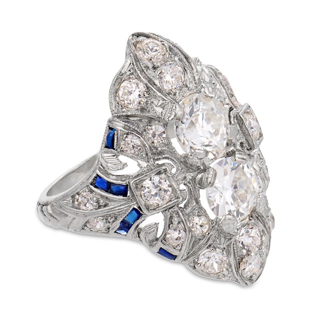 1920s 1920s Art Deco Old Cut Diamond Sapphire Navette Platinum Ring, Size 3 For Sale - Image 5 of 7