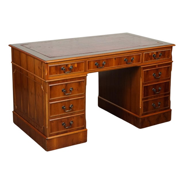 Vintage Yew Twin Pedestal Desk with Burgundy Leather Top For Sale
