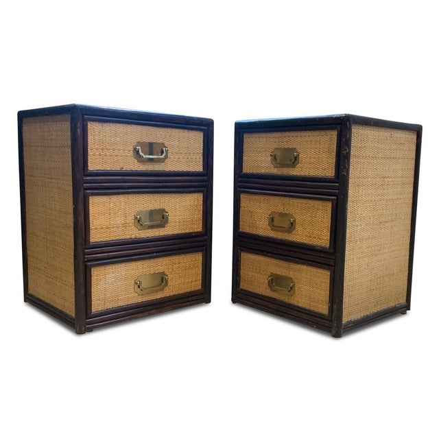 Mid-Century Glazed Rattan 3-Drawer Nightstands, 1950s, Set of 2 For Sale - Image 10 of 14