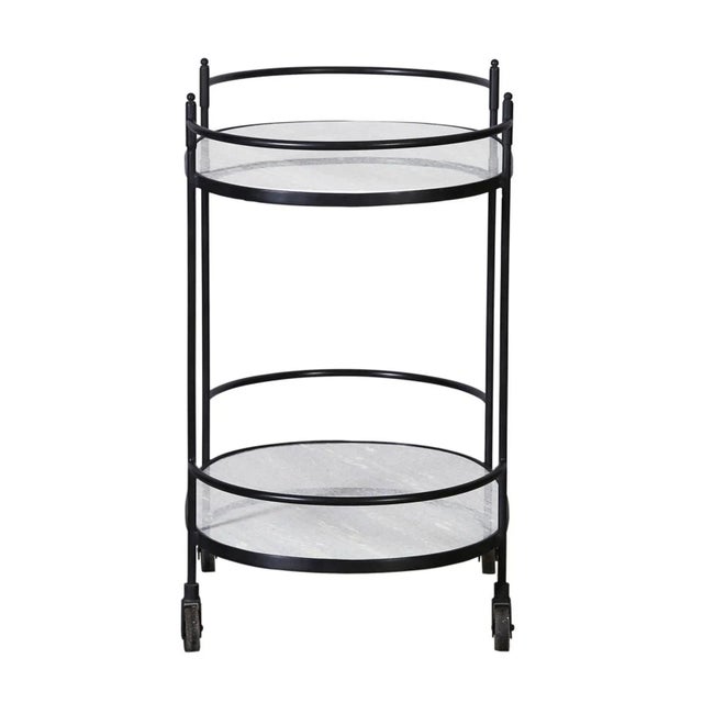 Mid-Century Modern Oval Iron & Marble Caster Bar Cart For Sale - Image 3 of 6