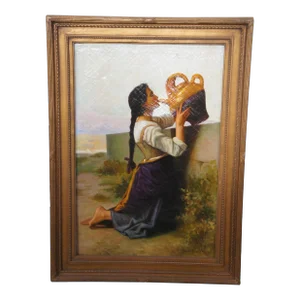 Vintage 20th Century 'Thirst' Oil Painting After William Adolphe Bouguereau 44"