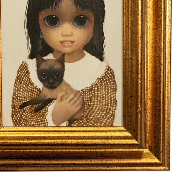 Paint Authentic Oil Painting on Panel "Big Eyes" Beautiful Young Girl With Siamese Cat by Margaret Keane, 1980 For Sale - Image 7 of 14