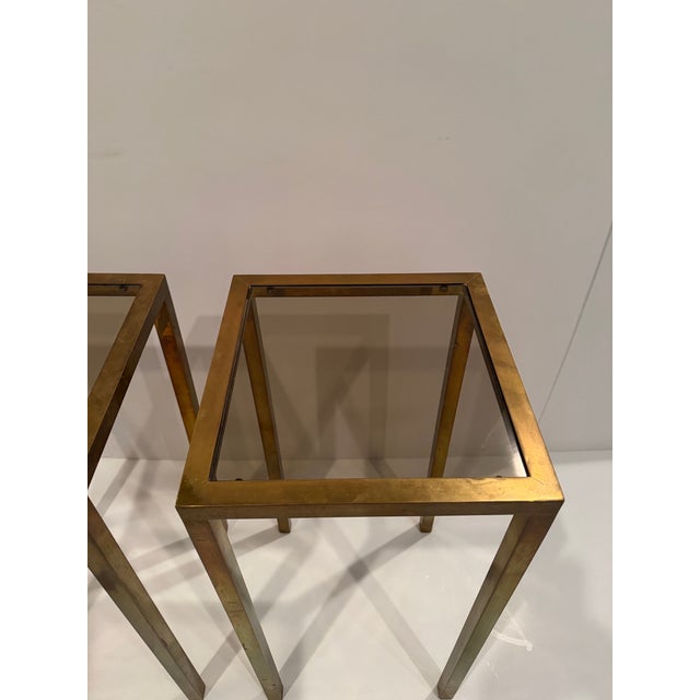 Midcentury Modern Tall Aged Brass & Smokey Glass End Tables or Stands -a Pair For Sale - Image 12 of 14