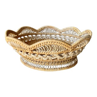 Mid 20th-Century Intricately Woven Rattan Scalloped Pedestal Centerpiece Basket Bowl For Sale