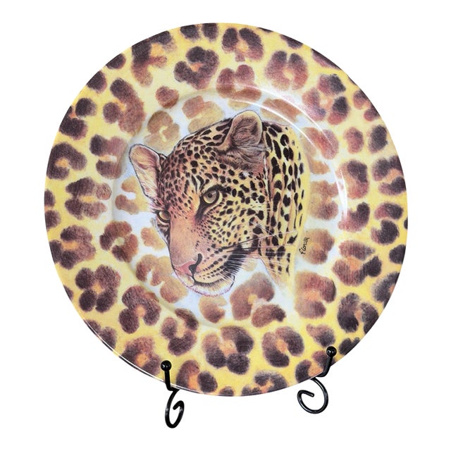 Vintage I. Godinger 1855 Email De Limoges Leopard Safari Cabinet Plate by Fiorilli For Sale