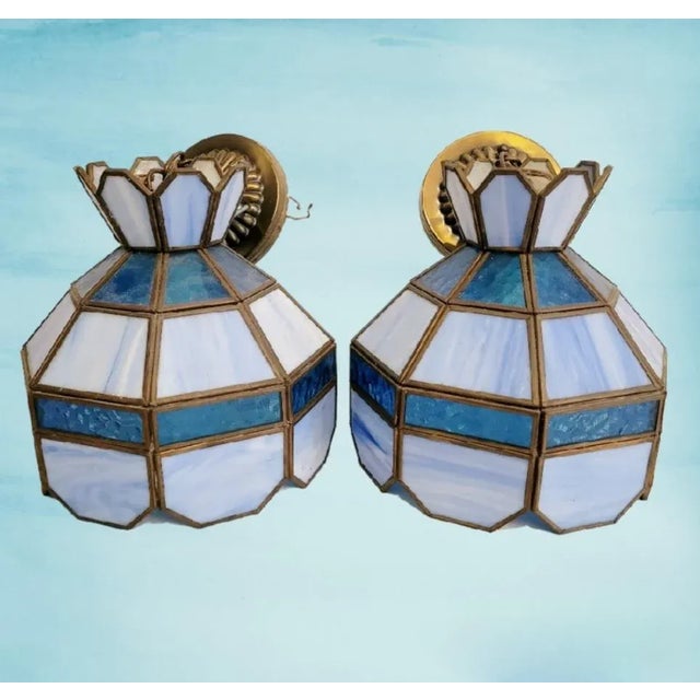 Traditional Vintage Pale Dark Blue Tiffany Style Stained Glass Small Ceiling Chandelier Light Fixtures- a Pair For Sale - Image 3 of 7
