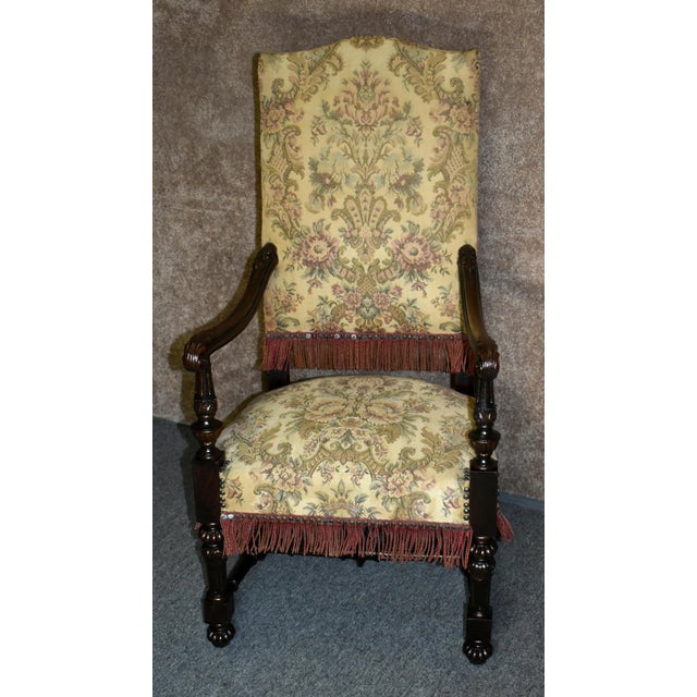 Antique Carved Oak Armchair 1920s Tudor Style High Back Fringe Stretcher Base For Sale - Image 4 of 13
