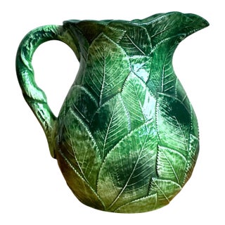 Vintage Green Leaf Motif Ceramic Pitcher For Sale