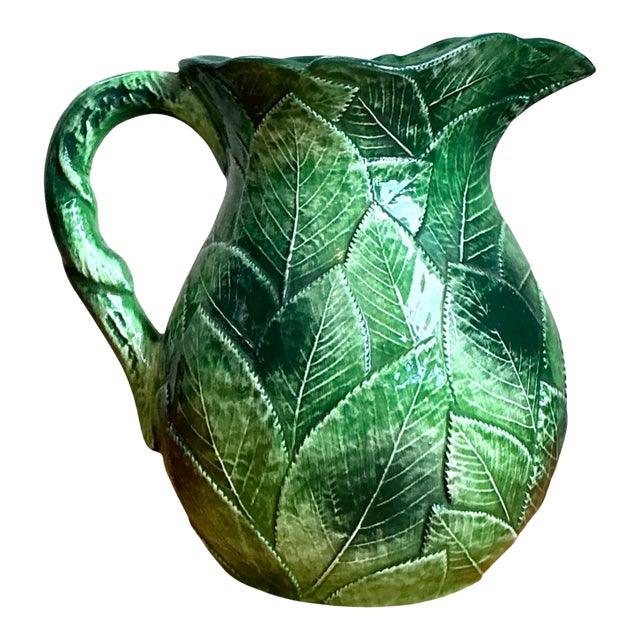 Vintage Green Leaf Motif Ceramic Pitcher For Sale