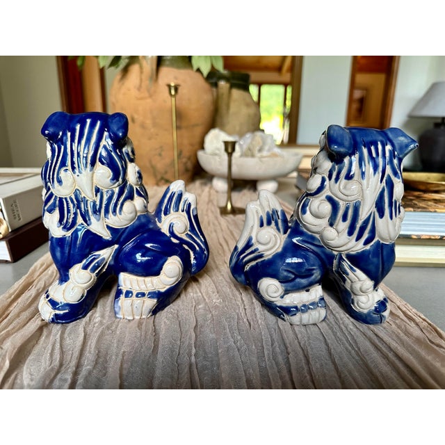 Pair of 1960s Vintage Foo Dogs With Blue Glaze | Chairish